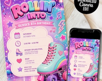 Roller Skating Birthday Invitation, Roller Skating Neon Party Invite Template