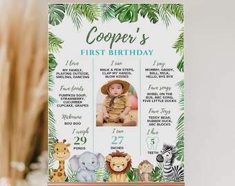 May include: A personalised first birthday sign with a jungle theme. The sign features a baby's photo, favourite foods, songs, and toys. The baby weighs 13.15 kg and is 68.58 cm tall. The sign is decorated with cartoon animals.