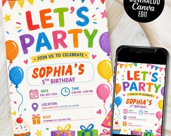 Let's Party Invitation, simple colorful birthday invitation, Cheerful party invite, Editable template(Digital Download)
