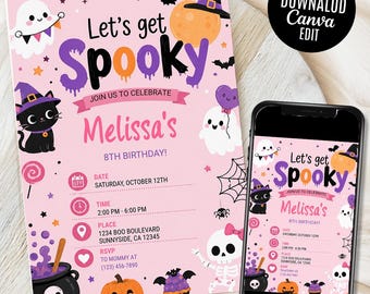 Halloween birthday invitation - Spooktacular Party Pink Ghost invite for a girl - Boo Editable invitation template