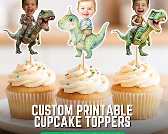 Dinosaur Personalized cupcake toppers,T-Rex Birthday Cupcake Toppers With Face (Digital download PDF)