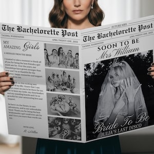 May include: A black and white newspaper-style print titled "The Bachelorette Post" with the headline "Soon to Be Mrs. Willium." The newspaper includes photos and text about a bride-to-be and her friends. The newspaper is held by a person.