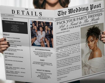 Zeitungs-Hochzeitsprogramm-Vorlage, bearbeitbares doppelseitiges Bachelorette-Programm, digitaler Download