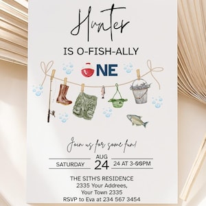 Fishing 1st Birthday Invitation Template, O-FISH-ally One First Birthday Party Invite, Fishing Reel Fun, Editable Invite, Printable, Canva