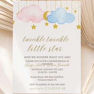 Gender Reveal Invitation, Twinkle Twinkle Little Star Gender Reveal Party Invite , Moon and Gold Stars Theme, Blue Pink Cloud Party Invite