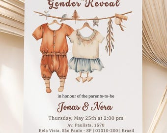 Boho Baby Clothes Gender Reveal Invitation, Clothesline Gender Reveal Party Invite, Editable Template, Digital Download