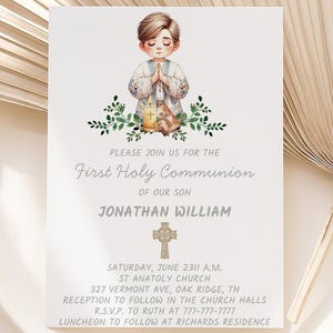 Invitación de Primera Comunión para Bautizo de Niño, Invitación de Bautismo, Imprimibles Personalizados de Primera Comunión para Niño, Invitación de Comunión EDITABLE