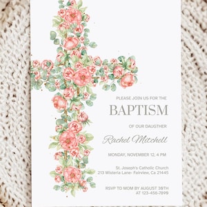First Holy Communion Invitation for Girl with flowers, 1st Communion invite with Pink Floral Cross, Digital, Printable, Editable, Electronic
