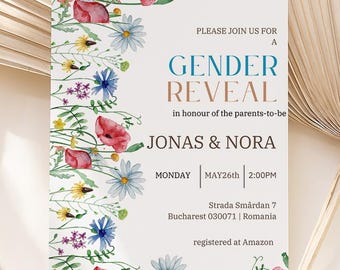 Wildflower Gender Reveal Invite, Gender Reveal Party Invitation Wildflower, Floral Gender Reveal Invite, He or She, Editable Template canva
