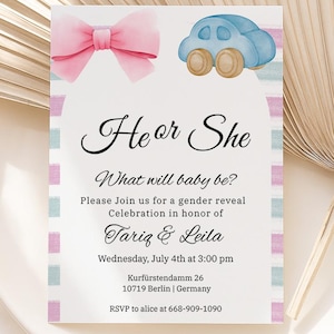 Bow Gender Reveal Invitation Template,He or She Invitation,Pink Blue Invitation Mobile Invite,What Will Baby Be Boy Or Girl, Editable Evite