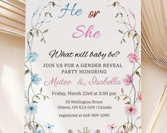 Wildflower Gender Reveal Invite, Gender Reveal Party Invitation Wildflower, Floral Gender Reveal Invite, He or She, Editable Canva Template