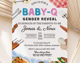 Baby-Q Gender Reveal Invitation, Backyard Couples Baby Shower Invitation , He or She, Editable Gender Reveal BBQ Invite, Canva Template