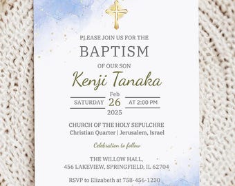 Modern Baptism Invitation Template, Boy Baptism Invitation Phone, Blue Watercolor Boys Gold Baptism Evite, Digital Invite Christening Canva