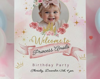 Modello di cartello di benvenuto per la festa del primo compleanno della principessa. Cartello "Una volta era il primo compleanno" per bambina. Cartello con foto modificabile per la festa. Decorazione per feste.