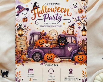 Trunk or Treat Halloween Party Invitation, Pumpkin truck birthday party invite, Spooky boo party Digital invite