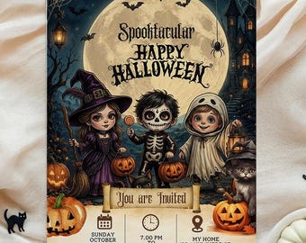 Einladung zur Halloween-Kostümparty für Kinder, Einladung zur Geisterparty, Gruselparty, Spukparty, Geburtstagsparty (bearbeitbare Canva-Vorlage)