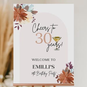 boho floral custom sign, cheers to 30 years welcome sign Editable template, printable birthday welcome sign, any age party decoration