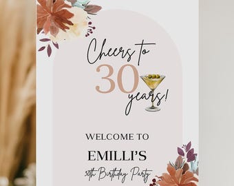 boho floral custom sign, cheers to 30 years welcome sign Editable template, printable birthday welcome sign, any age party decoration