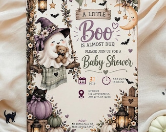 A Little boo baby Shower Halloween Invitation | Cute Spooky Fall Baby Shower Invite | Ghost Baby Shower | Editable Digital Canva Invitation