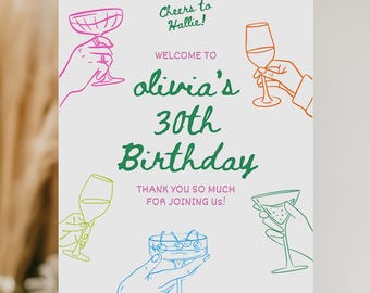 Birthday Party Welcome Sign, Hand Drawn Scribble Cocktail Easel, 21st 30th, 40th, 50th, Editable Cocktail Party Decor, Unique Template