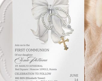 Invitación de bautismo en color neutro, plantilla de invitación de bautizo elegante, lazo blanco y cruz blanca, invitación en color crema y marfil, Canva Edit