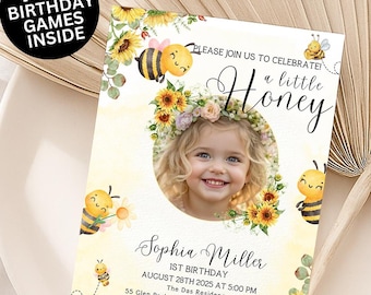 Bee First Birthday Invitation Set, Floral Bee Birthday Invite, Honey 1st Bee Day Birthday Evite Bumblebee First Birthday Invite photo invite