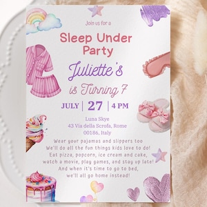 Sleep Under Birthday Invitation Girls Slumber Party Invite Sleep Under Editable Template SleepUnder Birthday Party Late Over Pajama Party