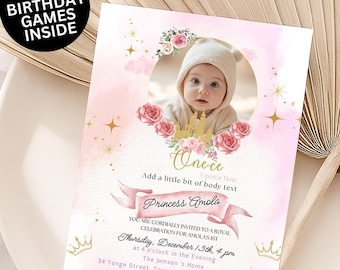 Inviti per la festa del primo compleanno della principessa, invito per il primo compleanno di una volta, invito modificabile per il primo compleanno della bambina, invito con foto