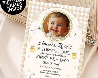 Bee First Birthday Invitation, Floral Bee One Birthday Invite, Honey 1st Bee Day Birthday Evite Bumblebee First Birthday Invite photo invite