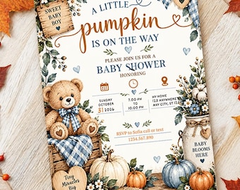Fall Boy Baby Shower, Neutral Fall Shower Invite, Autumn Baby shower, Pumpkin teddy Invite Editable template