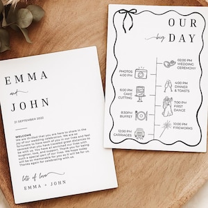 Elegant Wedding Day Timeline Card Template Modern Minimalist Wedding Itinerary Editable Order of Events Wedding schedule Wedding Icons