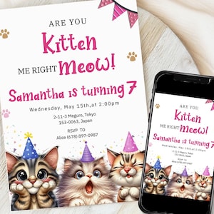 Invito a tema gatto, invito di compleanno con gattini carini, festa di compleanno con gattini, facciamo un po' di festa, hai ragione, miagolio?, modello digitale modificabile