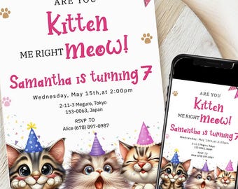 Uitnodiging voor kat, schattige katten verjaardagsuitnodiging, Kitty Cat verjaardagsfeestje, Let's Pawty, Are You Kitten Me Right Meow, bewerkbare digitale sjabloon