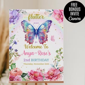 Butterfly birthday welcome sign, Editable Flutter Girl Birthday party decor, purple butterfly party invite-instant download