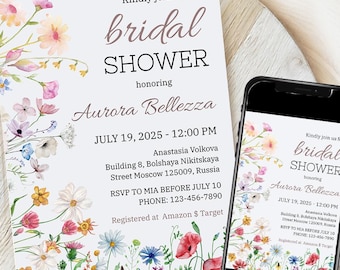 Boho Floral Bridal Shower Invitation, Wildflower Bridal Shower Editable Invite Template Wildflowers Shower Invite Printable Instant Download