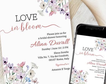 Wildflower Love in Bloom Bridal Shower Invitation, Floral Bridal Shower Invite, Wedding Shower Invitation Template, Printable Bridal Invite