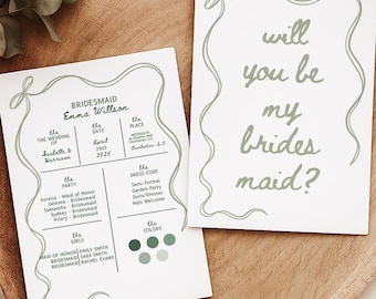 Bridesmaid Proposal Card Template, Hand Drawn Will You Be My Bridesmaid Card, Bow Bridesmaid Maid of Honor Proposal Info Invite Editable