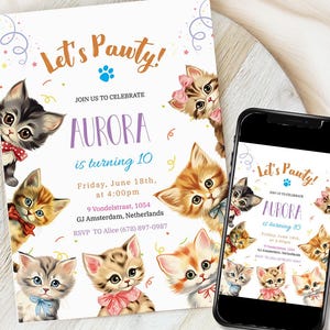 Cat Birthday Invitation, Cat Theme Birthday Invite, Are You Kitten Me Birthday, Paw-ty Birthday Invite, Rainbow, Editable Digital Download
