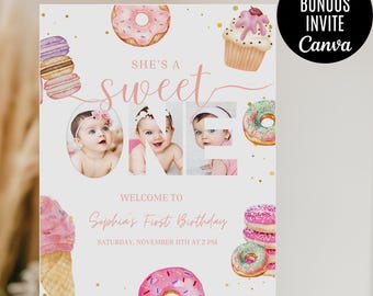 EDITABLE Sweet One Birthday Party Welcome Sign for Girl First Birthday party for Girl She's a Sweet One 1st Birthday Sign Donut Theme Photo