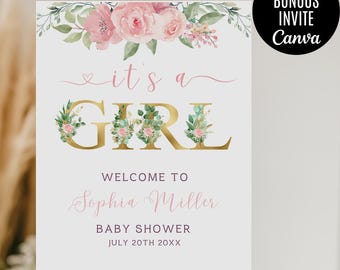 It&#39;s a GIRL Baby Shower Welcome Sign, Floral baby shower welcome sign, Blush pink and gold welcome sign Printable, Baby Shower Sign Canva
