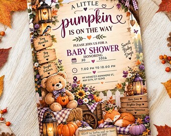 A Little Pumpkin Baby Shower Invitation, Fall Shower Girl invite, Autumn Baby Shower invite, Cozy Neutral Shower Canva Template