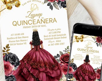 Red and Gold Quinceanera Invitation TEMPLATE, Burgundy Red and Gold Quinceañera Invitation, Mis Quince Emerald Red Rose Birthday Invitation