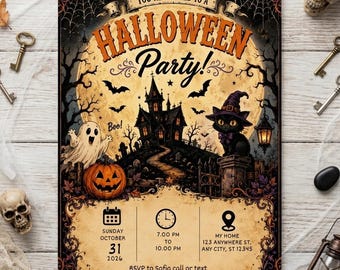 Fun Halloween haunted party invite, Kids Ghost Pumpkin party, Spookectular Night party,  Gothic Vintage cat Editable Canva Template,