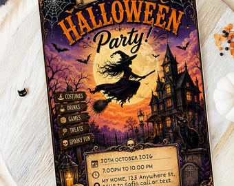 Einladung zur Hexen-Halloween-Party, Einladung zur Geister-Kürbis-Kinderparty, Digitale, bearbeitbare Einladung zur gruseligen Geisternacht-Party für Kinder