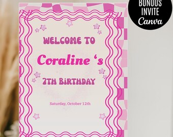 Retro Smiley Birthday welcome sign Editable Preppy Pink Party decor, Wavy Checkered Tween Girl Birthday Text, Instant Download canva
