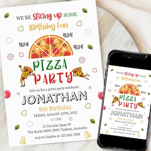 Pizza Party Birthday Invitation Template, Printable Birthday Party Invitations, Digital Bday Party Invite Editable Template Bday Card