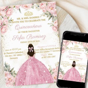 Plantilla de invitación de Quinceañera rosa rubor, floral de oro rosa rubor editable, corona, mariposa, Mis XV Quince Años, Dulce 16, tarjeta digital