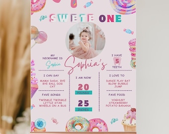 Letrero de hitos para bebé, póster con foto del primer cumpleaños de un dulce, tablero editable de hitos para cumpleañera, descarga instantánea