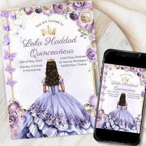 Lilac Gold Floral Butterfly Princess Quinceanera Invitations Canva Template, Lilac Purple & Gold Princess Quince Invite Digital Card
