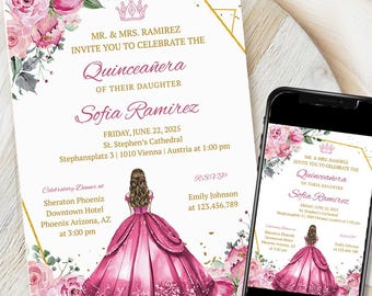 Blush Pink Quinceañera Invitation template, Mis Quince Invitation, Quinceanera Invitation, Editable Quinceañera Invite, Printable Canva